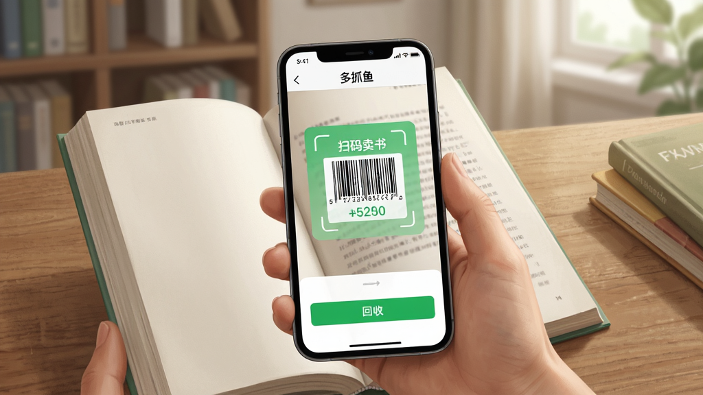 一张展示“多抓鱼”App扫码卖书功能的场景图,画面主体是一只手拿着手机对准一本翻开的书籍背面条形码,手机屏幕上显示识别成功的绿色提示和回收价格,背景是居家书房环境,布局为手机特写居中,排版简洁,风格为写实摄影感插画,细节包括书籍条码、手机界面按钮、桌面纹理,画质清晰,干净无多余元素。