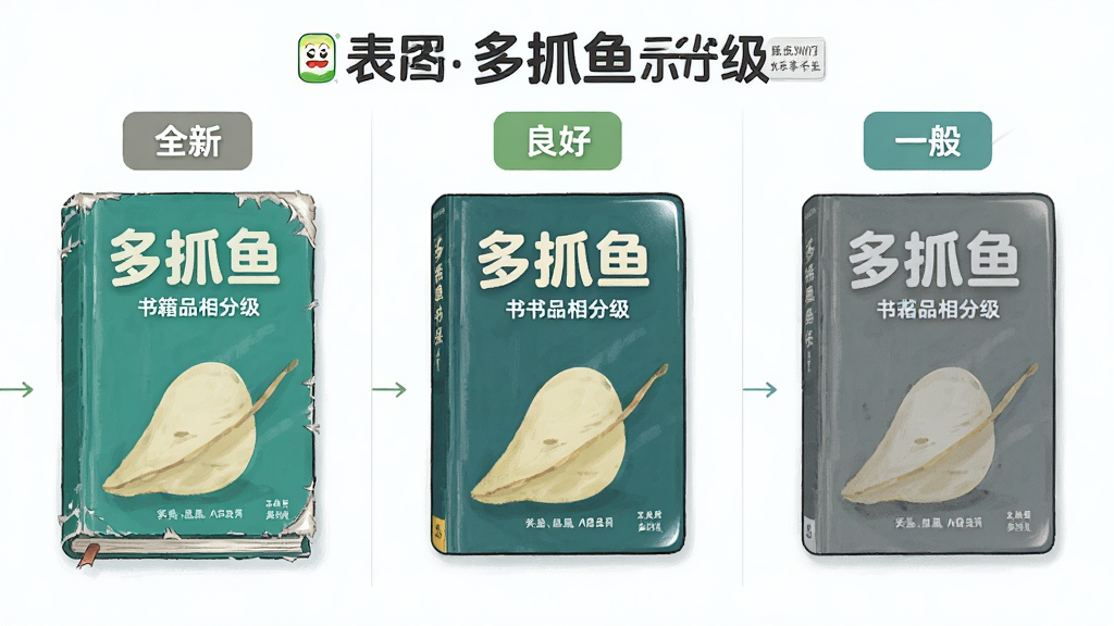 一幅表现“多抓鱼”书籍品相分级的示意图,画面中并列摆放三本同一本书的不同品相状态,分别标注“全新”“良好”“一般”,每本书旁有对应标签,布局为横向三栏对比,排版整齐,风格为清新信息图插画,细节包括书页边缘磨损程度、封面光泽差异、标签文字,画质高清,干净无多余元素。