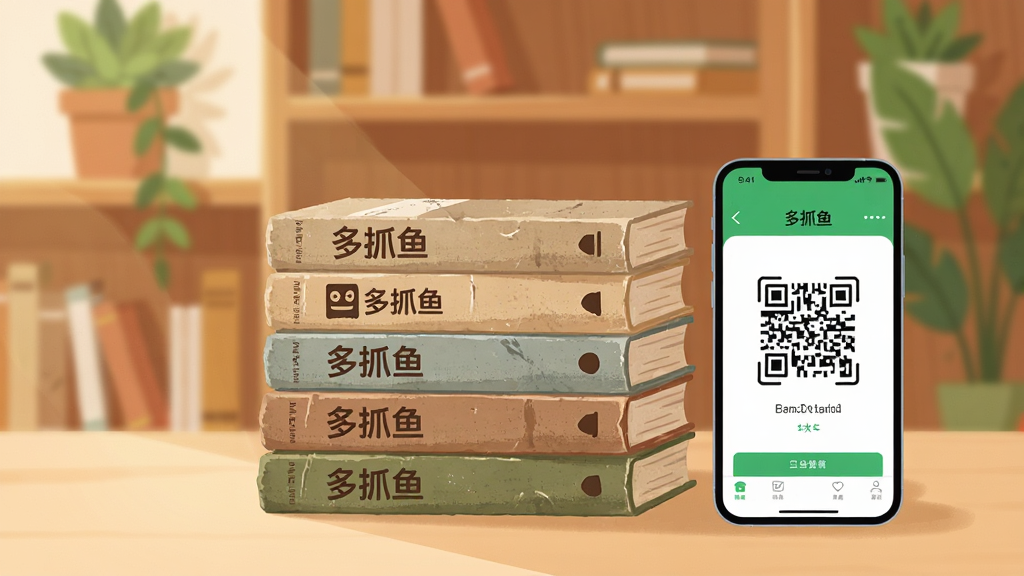 一幅干净明亮的插画,画面中央是一摞整齐的二手书籍,书脊上隐约可见“多抓鱼”字样,旁边有一部智能手机屏幕显示多抓鱼App的书籍扫码界面,背景是温馨的木质书架和绿植,布局采用居中构图,排版疏朗有致,风格为扁平化现代插画,细节包括书籍纹理、手机界面图标、柔和光影,画质高清,干净无多余元素。
