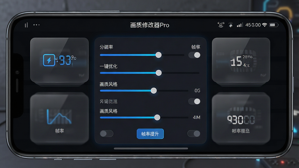 画质修改器Pro软件主界面展示,主体为一部横屏智能手机,屏幕中央显示画质修改器Pro的深色主题操作面板,面板上排列着分辨率、帧率、画质风格等调节滑块与开关按钮,布局简洁对称,排版清晰有序,风格为科技感暗色系UI设计,细节包括发光的蓝色调节条、半透明磨砂玻璃质感的卡片背景、顶部状态栏显示当前帧率数值,画质高清,干净无多余元素,画面中文字内容为“画质修改器Pro”“一键优化”“帧率提升”