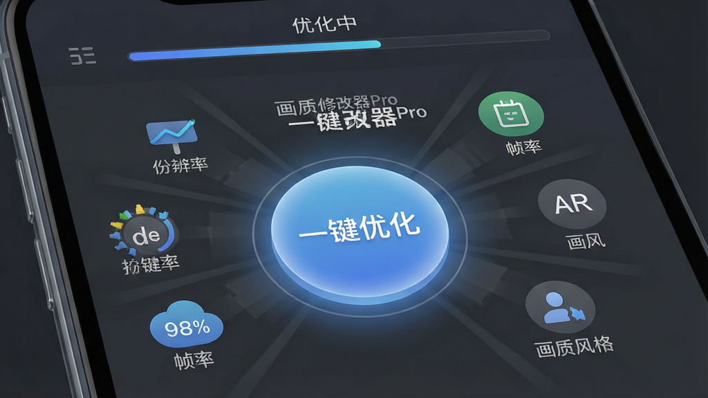 画质修改器Pro一键优化功能展示图,主体为手机屏幕特写,画面中央显示一个醒目的圆形一键优化按钮,按钮周围环绕着分辨率、帧率、画质风格等参数图标,布局为中心放射状排列,排版突出按钮主体,风格为扁平化科技风,细节包括按钮发出柔和的蓝色光晕、背景为深灰色渐变、屏幕上方显示“优化中”进度条,画质高清,干净无多余元素,画面中文字内容为“画质修改器Pro”“一键优化”