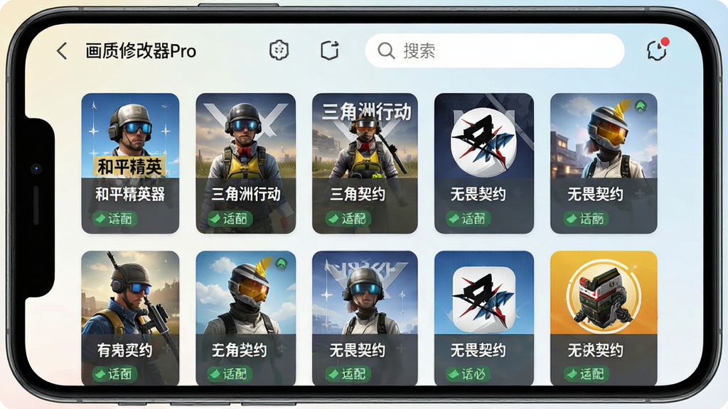 画质修改器Pro多游戏适配界面图,主体为手机屏幕展示画质修改器Pro的游戏列表页面,屏幕上排列着多个游戏图标卡片,布局为网格状排列,排版清晰有序,风格为清新扁平化设计,细节包括每个游戏卡片带有游戏名称与适配状态标签、顶部有搜索栏、背景为浅色渐变,画质高清,干净无多余元素,画面中文字内容为“画质修改器Pro”“和平精英”“三角洲行动”“无畏契约”