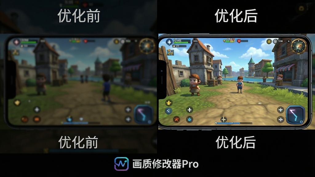 画质修改器Pro运行效果对比图,主体为左右分屏的手机游戏画面,左侧为未优化前的低画质模糊画面,右侧为使用画质修改器Pro优化后的高清流畅画面,布局为左右对比式排版,风格为直观对比展示风,细节包括左侧画面标注“优化前”且色调偏暗、右侧画面标注“优化后”且色彩鲜艳细节丰富、底部有画质修改器Pro的Logo,画质高清,干净无多余元素,画面中文字内容为“画质修改器Pro”“优化前”“优化后”