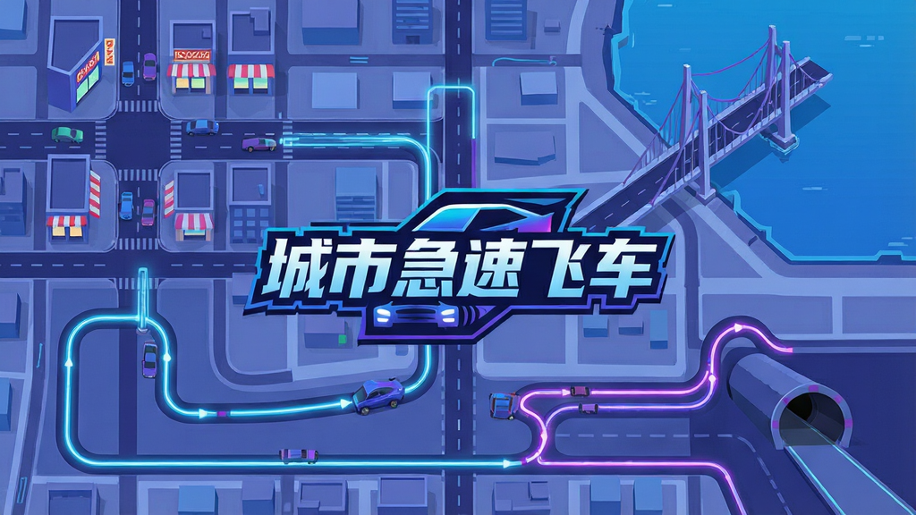 一张俯视视角的赛车游戏赛道地图,画面中展示城市急速飞车的多条赛道布局,包括商业区街道、跨海大桥和隧道,赛道用高亮线条标出,背景是简化的城市地图,风格为科技感扁平插画,色彩以蓝紫为主,画面中央有“城市急速飞车”标志,画质清晰,干净整洁