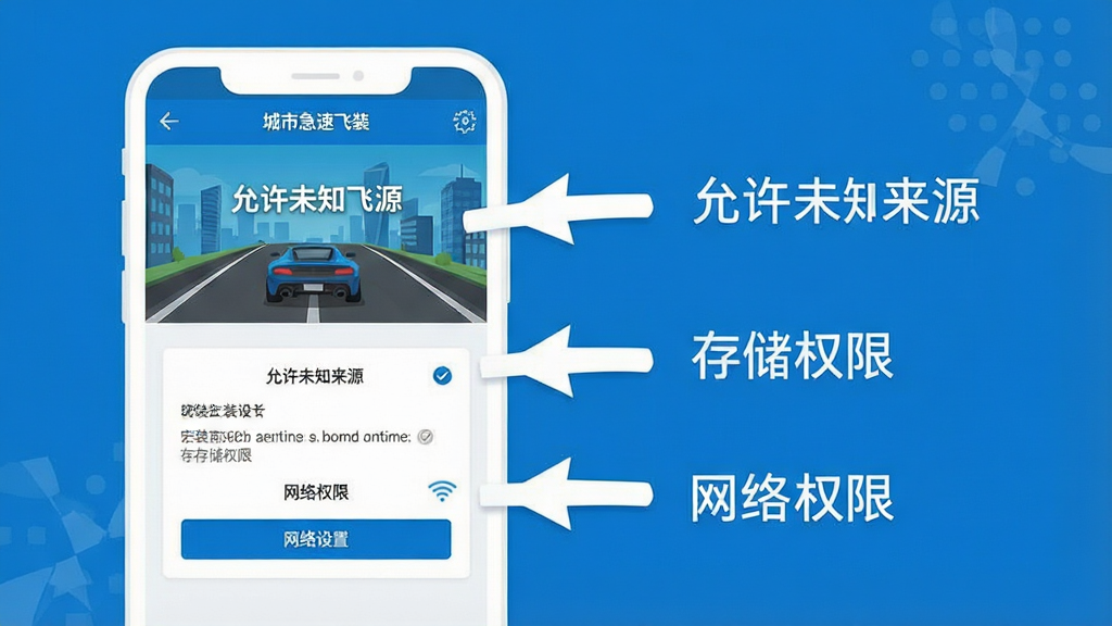 一张手机游戏安装教程的示意图,画面中展示一部智能手机屏幕,屏幕上显示城市急速飞车的安装界面与权限设置选项,旁边有箭头标注“允许未知来源”“存储权限”“网络权限”等步骤,风格为简洁扁平化信息图,色彩以蓝白为主,画面清晰,无多余元素