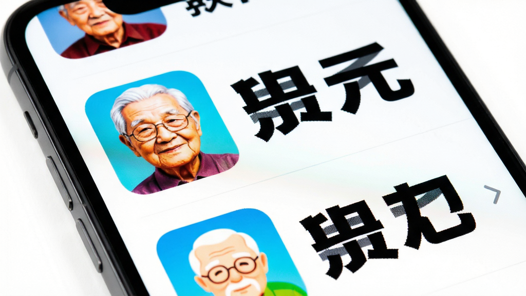 老人简用桌面超大字体功能展示,主体为手机屏幕特写,屏幕内显示放大的联系人头像与姓名,布局为竖向列表,排版宽松,风格为高对比度明亮配色,细节上字体边缘锐利、图标尺寸夸张、背景纯白,画质高清干净无多余元素。