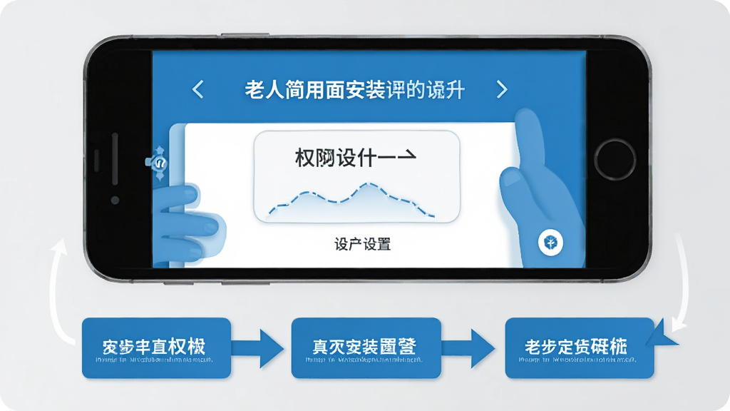 老人简用桌面安装设置流程图,主体为手机屏幕展示权限设置页面,布局为上下步骤排列,排版清晰,风格为扁平化科技蓝,细节上箭头指引明确、文字大而清晰、背景浅灰,画质高清干净无多余元素。