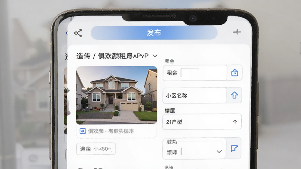 俱欢颜租房APP发布房源界面,画面为手机屏幕展示房源信息填写表单,包含房屋照片上传区域、租金输入框、小区名称、楼层户型等字段,界面顶部有发布按钮,背景为白色卡片式布局,风格为简洁实用型UI,细节包括输入框和上传图标,画质干净