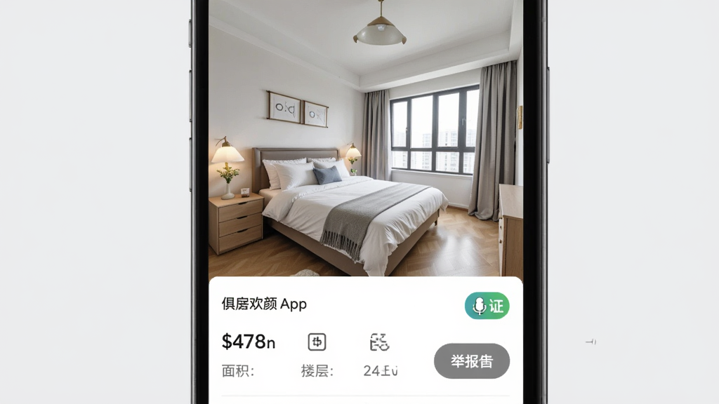俱欢颜租房APP房源详情页界面,画面主体为手机屏幕特写,屏幕内展示一套明亮整洁的卧室照片,照片下方有租金价格、面积、楼层等文字信息,旁边有房东认证标识和举报按钮,背景为淡灰色,风格为真实应用截图风格,细节清晰,画质干净