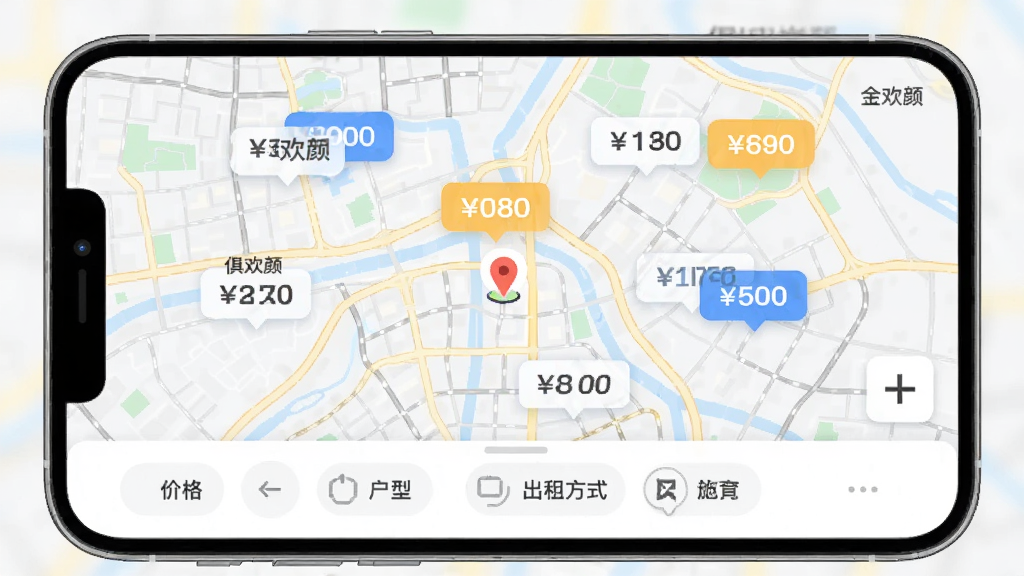 俱欢颜租房APP地图找房界面,画面为手机屏幕内展示城市地图,地图上散布着多个房源价格气泡,底部有筛选栏包含价格、户型、出租方式等选项,背景为浅色地图底图,风格为现代移动应用界面,细节包括气泡标注和定位图标,画质清晰干净