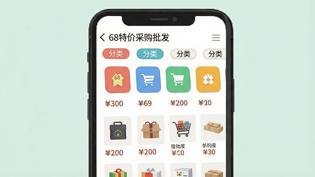 һ��չʾ��Ʒ���������ֻ�Ӧ�ý�ͼ���廭����������Ϊ�����ֻ���Ļ����Ļ����ʾ��68�ؼ۲ɹ�����������ҳ�棬���������ɫ����ͼ�����Ʒ�б�������Ϊ���½ṹ�����Ϊ��ƽ���ƶ���UI��ƣ�ϸ�ڰ��������ǩ����Ʒ����ͼ�ͼ۸����֣������������ɾ����޶���Ԫ��