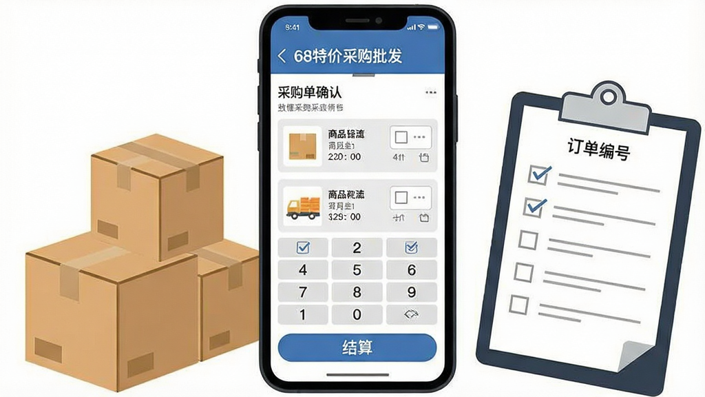 һ��չʾ�����ɹ��µ����̵Ĳ廭����������Ϊ�ֻ���Ļ����Ļ����ʾ��68�ؼ۲ɹ��������ɹ���ȷ��ҳ�棬������Ʒ�б�������ѡ���ͽ��㰴ť���Ա���ֽ����嵥����Ϊ����Ԫ�أ�����Ϊ���ҽṹ�����Ϊ�������廭��ϸ�ڰ�����ѡ�����ּ��̺Ͷ�����ţ������������ɾ����޶���Ԫ��