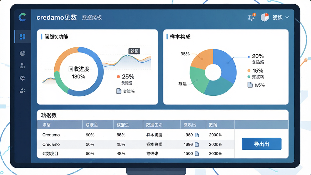 一幅展示Credamo见数实时数据看板与导出功能的AI生图,画面主体是一块大尺寸数据看板屏幕,屏幕上显示Credamo见数的数据统计界面,包含回收进度环形图、样本构成饼图、数据表格和导出按钮,布局为上下结构,上方是图表区下方是表格区,风格为商务科技感扁平插画,细节包括数据曲线、百分比数字、导出文件图标,画质高清,干净,无多余元素