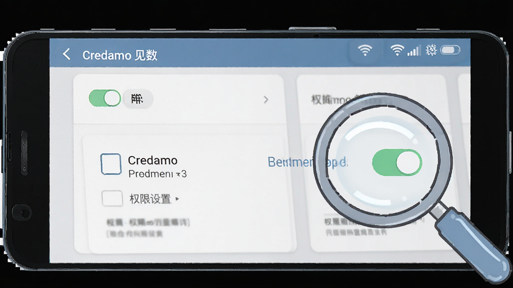 一幅展示Credamo见数移动端使用攻略的AI生图,画面主体是一部安卓手机,手机屏幕上显示Credamo见数的问卷编辑界面和权限设置弹窗,手机旁边有一个放大镜图标指向屏幕上的权限开关,布局为居中构图,风格为简洁操作指引插画,细节包括权限开关图标、问卷题目卡片、网络信号图标,画质高清,干净,无多余元素