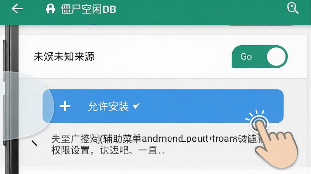 僵尸空闲(辅助菜单)手机端安装权限设置示意图,主体为安卓系统设置界面中的未知来源应用开关,布局为竖向列表,排版包含“允许安装”按钮与安全提示文字,风格为扁平化系统UI,细节包含手机边框与手指点击图标,画质清晰,干净无多余元素