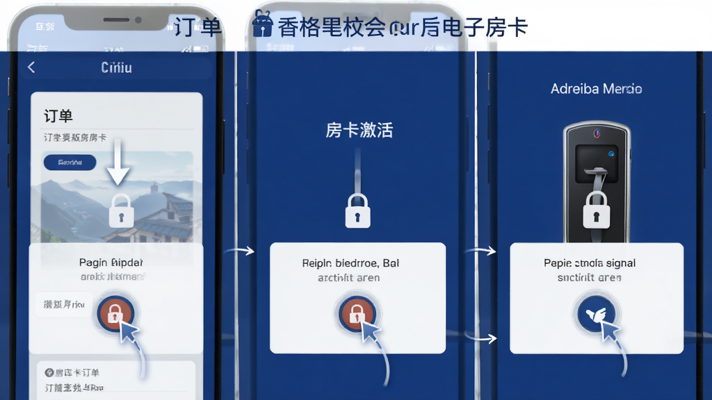 香格里拉会安卓版电子房卡使用步骤截图,画面展示手机屏幕从订单页到房卡激活再到门锁感应的三个连续画面,布局采用从左到右横向排列,风格为扁平化教程风,细节包括箭头指引、高亮点击区域、深蓝色背景、白色卡片,画质高清,干净,无多余元素