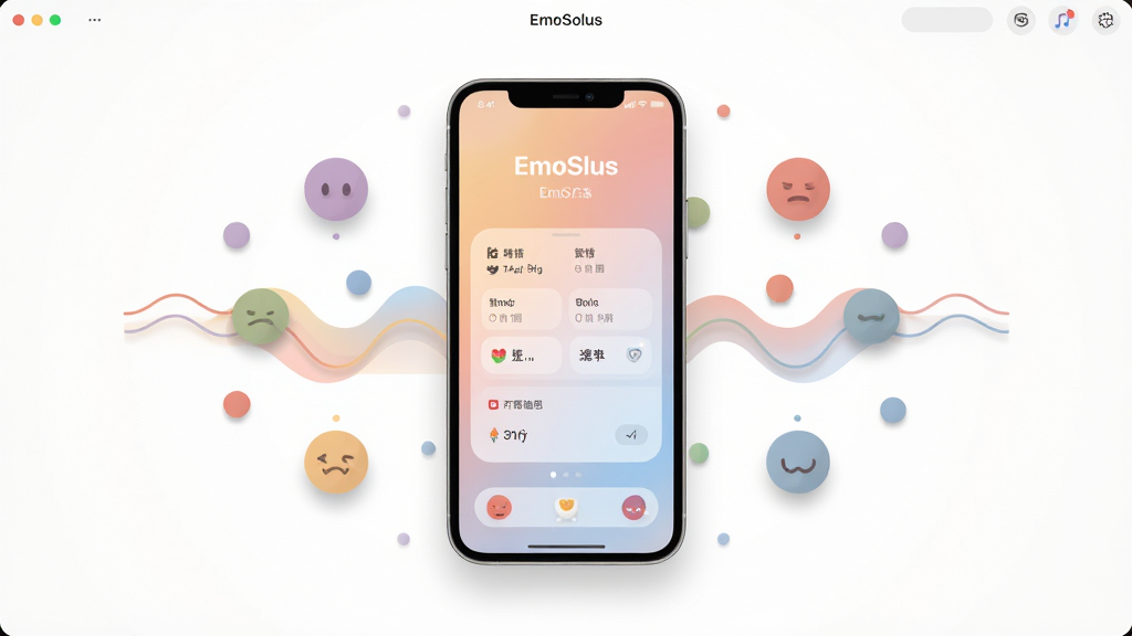 EmoSolus 软件主界面全貌展示,画面中央放置一部智能手机,屏幕上显示柔和渐变色的情绪记录面板,周围环绕着代表不同情绪的彩色小圆点与波浪线条,布局采用居中对称构图,排版简洁留白充足,风格为现代扁平化UI设计,细节包含细腻的阴影和圆角图标,画质清晰干净无多余杂乱元素,整体色调温暖治愈