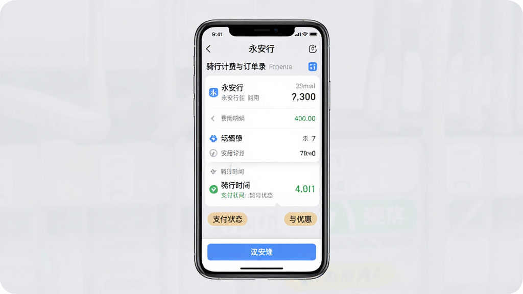 一张展示“永安行”应用骑行计费与订单记录界面的手机截图风格图片,画面中有费用明细列表、骑行时长、支付状态与优惠标签,手机屏幕占据画面主体,背景为柔和的浅灰色,构图纵向排列,风格简洁商务,细节包括数字、图标与按钮,画质清晰干净,无多余元素