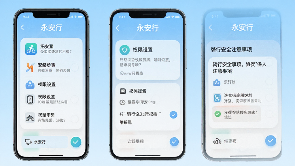 一张展示“永安行”应用使用指南界面的手机截图风格图片,画面中有安装步骤、权限设置提示与骑行安全注意事项,手机屏幕纵向排列,背景为浅蓝色渐变,构图简洁清晰,风格友好易读,细节包括图标、文字说明与勾选按钮,画质干净,无多余元素