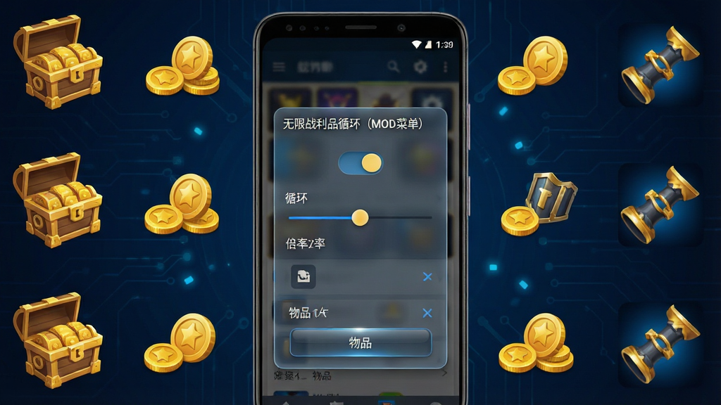 一张以深色科技风为背景的手机应用主界面展示图,画面中央是一台竖屏安卓手机,屏幕内显示“无限战利品循环(MOD菜单)”的悬浮菜单面板,面板上有循环开关、倍率滑块、物品列表等控件,手机四周环绕着宝箱、金币、装备图标等游戏元素,整体采用深蓝与金色搭配的配色方案,布局上手机居中、元素环绕四周,风格偏向游戏辅助工具的科技感,细节上要有悬浮窗的半透明质感和按钮的高光效果,画质清晰干净,无多余杂乱元素
