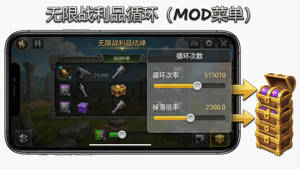 一张展示“无限战利品循环(MOD菜单)”循环掉落功能的界面示意图,画面主体是一部横向放置的手机,屏幕中显示游戏战斗结束后的战利品结算页面,页面旁边悬浮着一个半透明的MOD菜单面板,面板上清晰标注着循环次数和掉落倍率两个调节条,画面右侧用金色箭头和宝箱图标表现战利品不断复制叠加的效果,布局上手机占据画面主要位置,菜单面板位于右侧,风格为写实游戏UI风格,细节上要体现掉落物数量递增的动态感,画质清晰锐利,背景干净无杂物