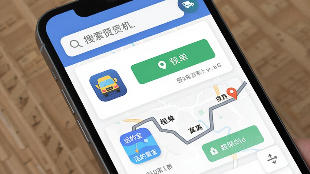 主体是手机屏幕中显示的货源列表与地图导航界面,布局为竖版手机画面,排版上方为搜索栏下方为卡片列表,风格为扁平化UI设计,细节包括“运的宝司机”应用图标、绿色接单按钮、路线线条,画质清晰,干净,无多余元素