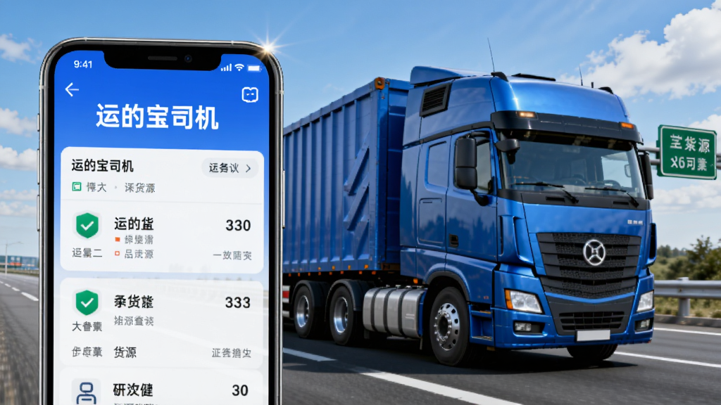 主体是一辆行驶在高速公路上的蓝色重型卡车,布局为横向画面,左侧显示手机屏幕界面,屏幕上有“运的宝司机”文字与货源列表,排版简洁清晰,风格为写实科技风,细节包括蓝天白云、绿色路牌、手机边框高光,画质高清,干净,无多余元素