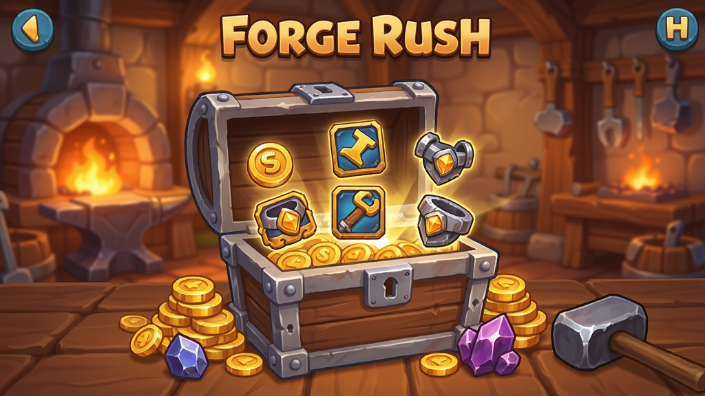 Forge Rush - Idle RPG 游戏中的离线收益结算界面,画面展示一个木质宝箱打开后涌出金币和装备图标,背景是温暖的铁匠铺内景,风格为欧美卡通奇幻,构图以宝箱为中心,细节包括金币堆、矿石、锻造锤,画质清晰干净,无多余文字元素