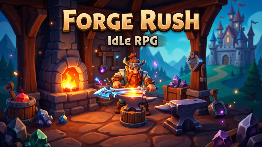 一张展示 Forge Rush - Idle RPG 游戏主界面的横版宣传图,画面中央是一个奇幻风格的铁匠铺,铁匠正在锻造发光武器,周围有熔炉、铁砧、矿石和魔法光芒,背景是城堡与山脉,整体采用欧美卡通渲染风格,色彩以橙红暖色和深蓝冷色对比,构图居中,细节丰富,画质清晰干净,无多余文字元素