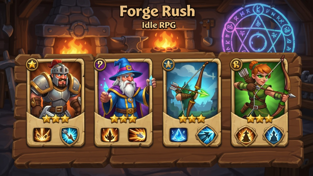Forge Rush - Idle RPG 英雄招募界面,画面展示多个奇幻角色卡牌排列在木质面板上,角色包括战士、法师、弓箭手,背景是铁匠铺与魔法阵,风格为欧美卡通,构图以卡牌展示为主,细节包括角色头像、星级、技能图标,画质清晰干净,无多余文字元素
