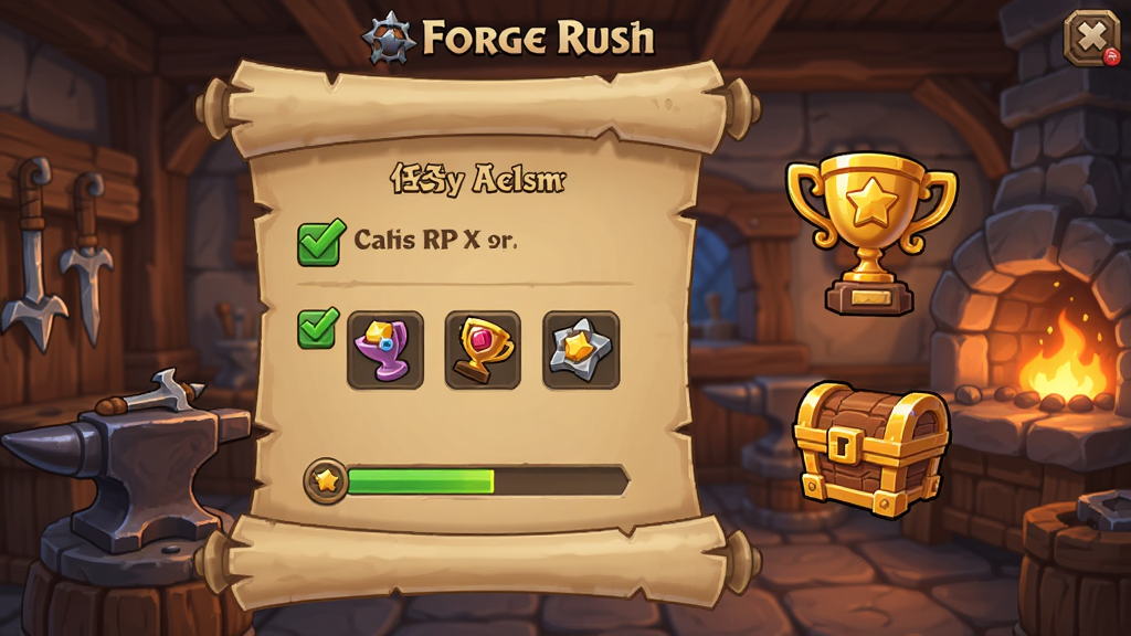 Forge Rush - Idle RPG 任务与成就界面,画面展示一个羊皮纸卷轴风格的任务列表,旁边有奖杯和宝箱图标,背景是铁匠铺内部,风格为欧美卡通奇幻,构图以卷轴为中心,细节包括任务勾选、奖励图标、进度条,画质清晰干净,无多余文字元素