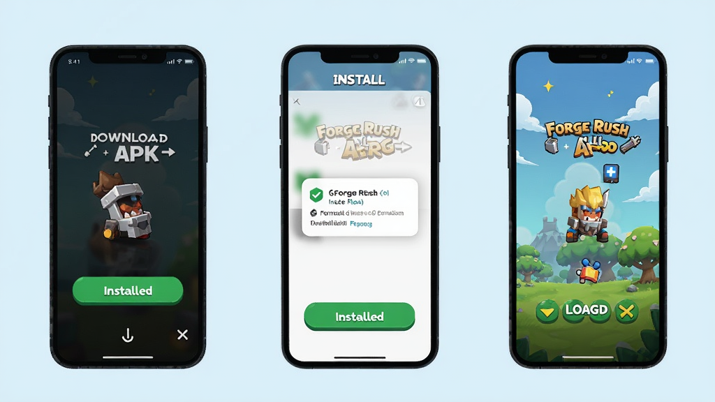 Forge Rush - Idle RPG 新手安装步骤示意图,画面展示手机屏幕从下载 APK 到点击安装再到进入游戏的三个分步界面,风格简洁明快,背景为浅色,构图从左到右排列,细节包括安装按钮、权限弹窗、游戏加载界面,画质清晰干净,无多余文字元素