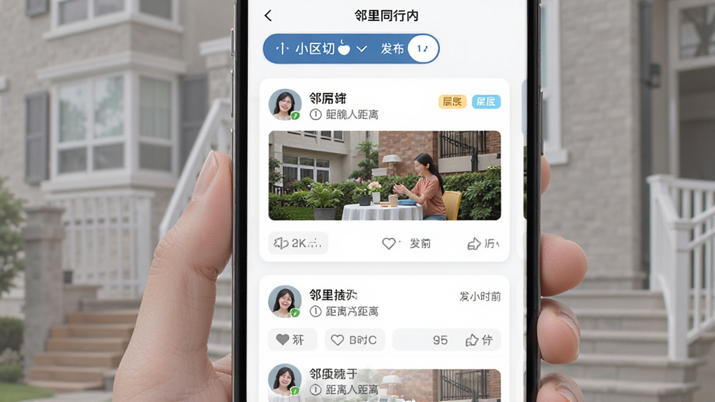 “邻里同行”应用内邻里圈动态页面,主体为竖向卡片列表,布局为顶部小区切换栏,中部每张卡片包含发布者头像、昵称、距离、图文内容及互动按钮,排版整齐留白适中,风格清新简约,细节有楼层标签和发布时间,画质高清,干净,无多余元素