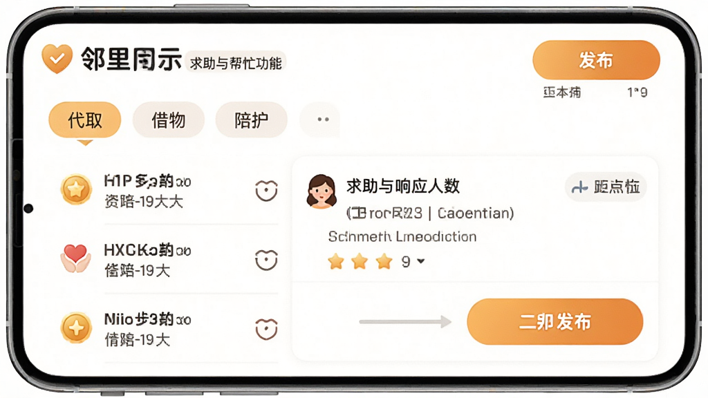 “邻里同行”求助与帮忙功能界面,主体为求助信息列表与发布按钮,布局包含分类标签如代取、借物、陪护,中部显示求助详情与响应人数,排版清晰,风格温暖友好,细节有积分图标和距离显示,画质高清,干净,无多余元素