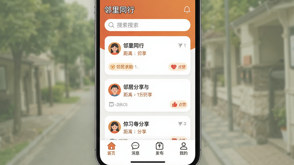 一款名为“邻里同行”的手机应用界面,主体为社区互助信息流,布局包含顶部小区名称与搜索栏,中部卡片式展示邻居求助与分享信息,底部导航栏有首页、消息、发布、我的四个图标,排版简洁清晰,风格为现代扁平化暖色调,细节包含用户头像、距离标签、点赞按钮,画质高清,干净,无多余元素