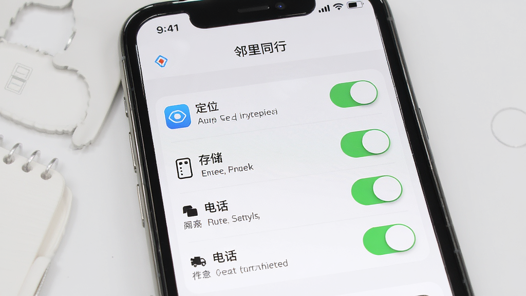 “邻里同行”应用在手机上的安装与权限设置界面,主体为手机屏幕显示应用权限列表,布局包含定位、存储、电话等权限开关,排版清晰,风格写实,细节有系统设置图标和提示文字,画质高清,干净,无多余元素