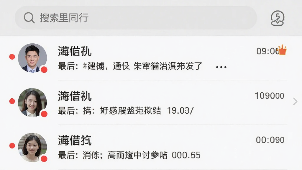 “邻里同行”消息通知界面,主体为聊天会话列表,布局包含顶部搜索框,中部每个会话显示头像、昵称、最后一条消息摘要和时间,排版清爽,风格统一,细节有未读红点和置顶标识,画质高清,干净,无多余元素