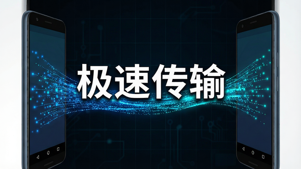 两部安卓手机屏幕相对,中间有一道由细小光点组成的快速流动的数据带,光点呈蓝色和青色,背景为深色科技感网格,画面中央用白色粗体字写着“极速传输”,风格为现代科技感插画,细节精致,画质清晰,干净无多余元素,主体突出,布局居中,排版简洁。