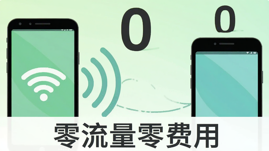 一部手机屏幕显示WiFi信号图标,信号波纹向外扩散连接另一部手机,两部手机上方有一个醒目的“0”字图标表示零流量,背景为浅绿色渐变,风格为简约扁平插画,布局左右分布,细节清晰,画质干净,无多余元素,图片下方用深灰色字体写着“零流量零费用”。