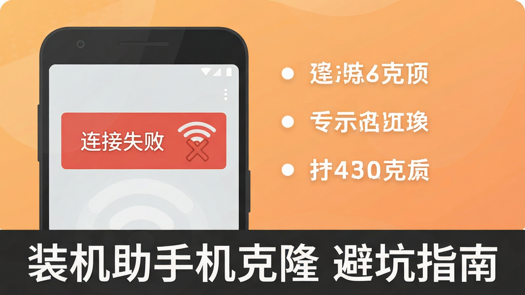 一部安卓手机屏幕显示“连接失败”的红色提示,旁边有一个打叉的WiFi图标,画面右侧用白色字体列出三条注意事项,背景为浅橙色渐变,风格为扁平化提示插画,布局左图右文,细节清晰,画质干净,无多余元素,图片底部用深灰色字体写着“装机助手机克隆 避坑指南”。