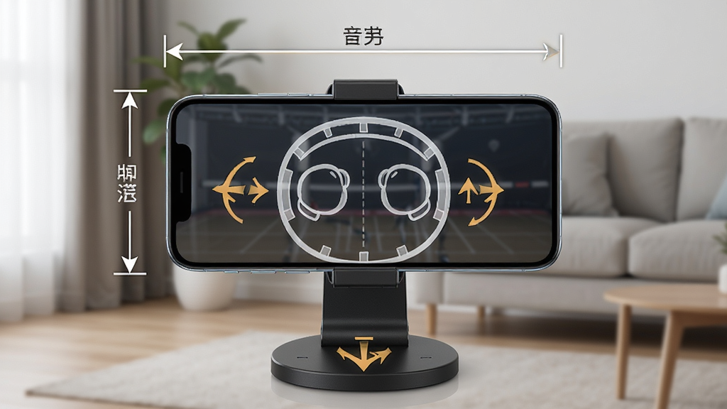 智能音乐拳击手机支架摆放示意图,画面展示手机横屏固定在支架上,前方有虚拟拳击靶轮廓,背景是简洁的居家客厅一角,采用中心构图,风格为写实教学风,细节有距离标注线和角度指示箭头,画质高清,干净,无多余元素