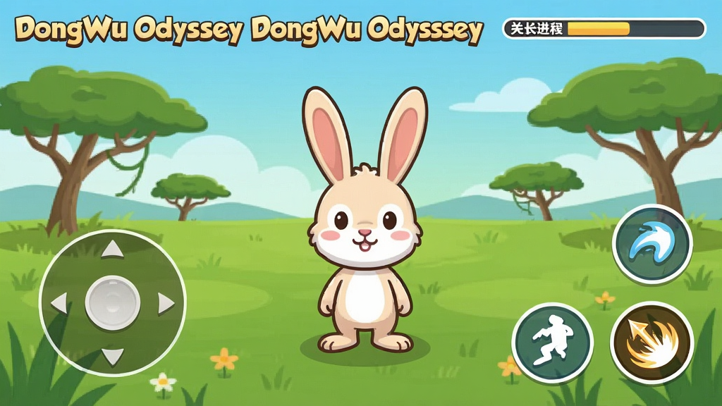 一张展示DongWu Odyssey新手操作界面的示意图,画面中一只卡通兔子角色站在草原上,屏幕左下角显示虚拟摇杆,右下角显示跳跃和技能按钮,画面顶部有游戏名称“DongWu Odyssey”和关卡进度条,风格为简洁明快的UI设计,画质清晰干净,无多余元素