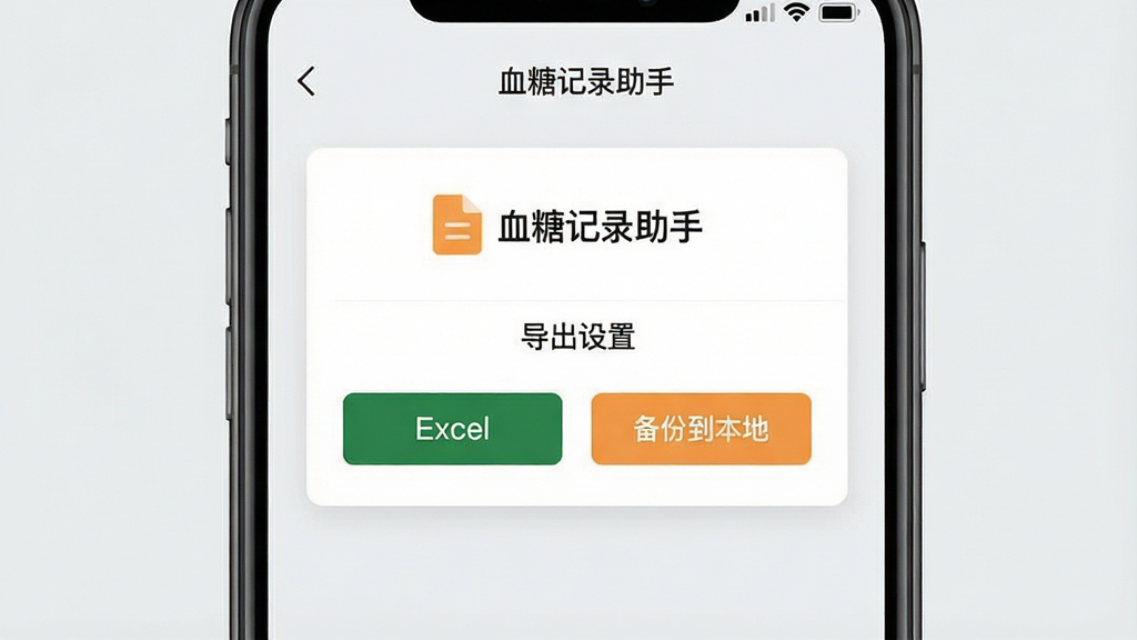 一张展示血糖记录助手数据导出功能的示意图,画面主体为手机屏幕显示导出设置页面,页面上有导出为Excel和备份到本地两个按钮,背景为浅灰色,布局为居中卡片式,风格为商务简洁风格,细节包括屏幕上方有文件图标和“血糖记录助手”字样,画质清晰,干净无多余元素