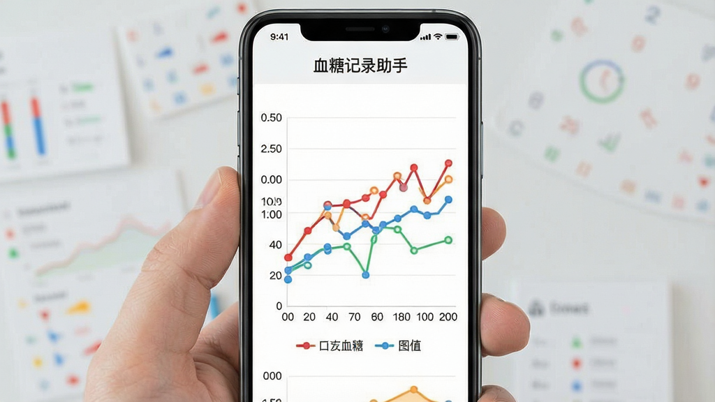 一张展示血糖记录助手趋势图表功能的界面图,画面主体为手机屏幕显示彩色折线图,折线图上有红色和蓝色数据点,横轴为日期纵轴为血糖值,图表下方有图例说明,布局为上下结构,风格为现代简约数据可视化风格,细节包括屏幕顶部有“血糖记录助手”标题栏,画质高清,干净无多余元素