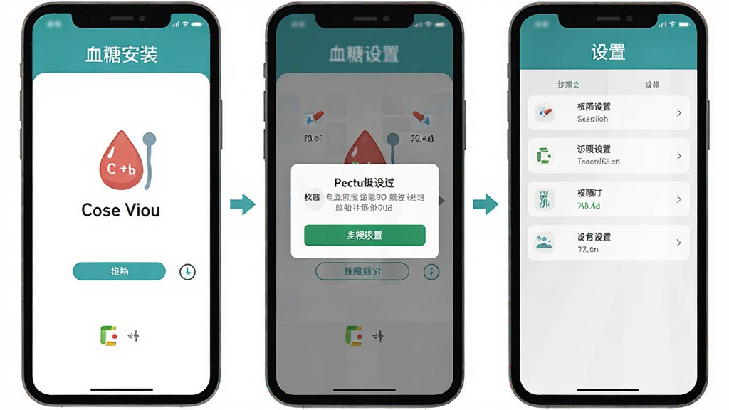 一张展示血糖记录助手在手机上安装与权限设置流程的示意图,画面主体为手机屏幕分三格展示安装界面、权限弹窗和设置页面,布局为从左到右的步骤图,风格为扁平化教程风格,细节包括每格屏幕上有简洁图标和文字说明,画质高清,干净无多余元素