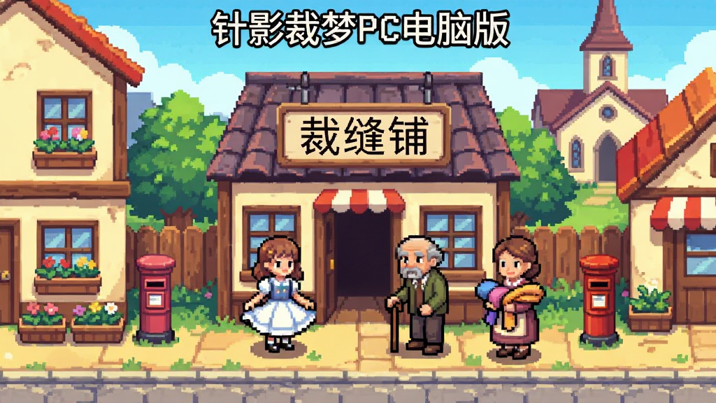 一幅像素风格的小镇街道场景图,画面中有一间挂着“裁缝铺”招牌的小店,门口站着几位等待的顾客,包括一位提着裙摆的少女、一位拄拐杖的老人和一位抱着布匹的妇人。街道两旁是错落有致的矮房与花坛,远处可见教堂尖顶。整体构图采用横向卷轴视角,风格为温暖治愈的像素艺术,色彩明亮柔和,细节包括窗台上的花盆、路边的邮筒等。画面顶部中央以像素字体标注“针影裁梦PC电脑版”。画质干净,无多余杂乱元素。