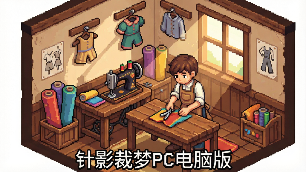 一张温馨的像素风格游戏场景图,画面中央是一间古朴的裁缝铺,铺内摆放着木质工作台、彩色布料卷和一台老式缝纫机。一位身穿围裙的年轻裁缝正低头专注地裁剪布料,窗外透进柔和的午后阳光,墙上挂着各式半成品衣物和设计草图。整体布局采用等距视角,风格为精致像素艺术,细节丰富,色调温暖怀旧,画质清晰干净,无多余元素。画面下方中央位置用像素字体标注“针影裁梦PC电脑版”字样。