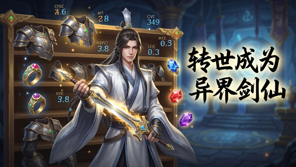 一位剑仙角色站在琳琅满目的装备架前,手中拿着一把发光的长剑,周围漂浮着各种防具、戒指和宝石,画面右侧用毛笔字体写着“转世成为异界剑仙”,布局为角色居中、装备环绕,风格为游戏UI概念图,细节包括装备光效、属性数字悬浮、背景为修炼洞府,画质高清,色彩以金色与深蓝为主,干净无多余元素