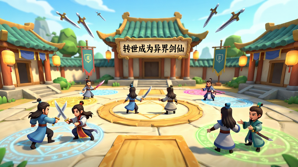 一个仙侠风格的宗门广场,多位剑仙角色聚集在一起,有的在切磋、有的在交谈,画面中央悬挂着“转世成为异界剑仙”的匾额,布局为圆形广场、四周建筑环绕,风格为卡通渲染的国风场景,细节包括灯笼、旗帜、修炼法阵、远处飞剑,画质明亮,色彩以暖黄与青绿为主,干净无多余元素