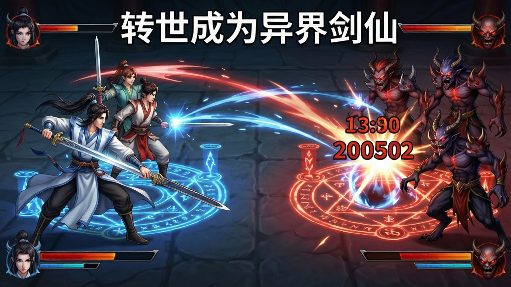 一场回合制战斗场景,左侧是剑仙主角与两位伙伴,右侧是妖魔敌人,画面中央有技能释放的光效与伤害数字,顶部用白色字体标注“转世成为异界剑仙”,布局为左右对峙、技能轨迹交错,风格为仙侠战斗插画,细节包括剑气纵横、法术阵纹、血条与怒气条,画质精致,色彩以红蓝对比为主,干净无多余元素